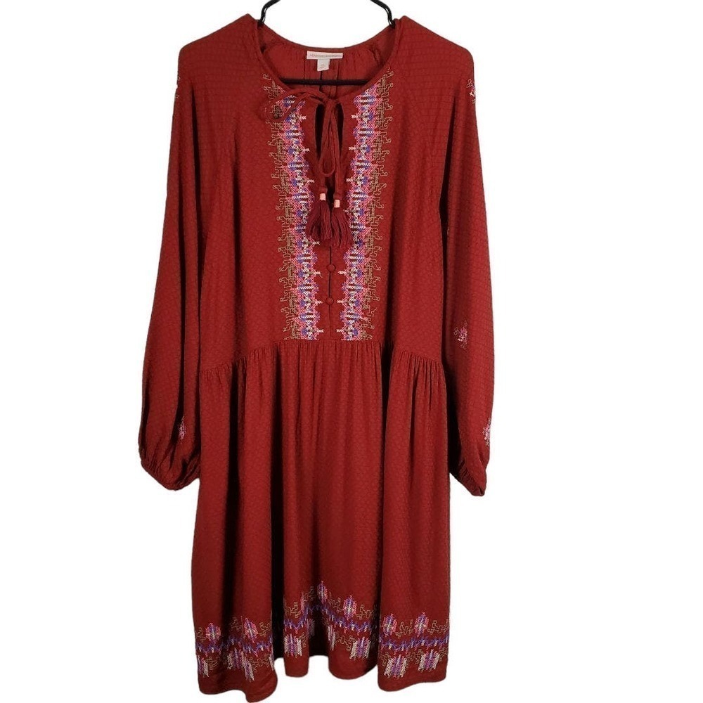Knox Rose Balloon Long Sleeve Embroidered Tassel Red Boho Dress Size XXL